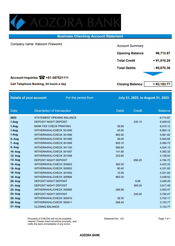 Modèle Word et PDF de relevé de compte courant de l'organisation Aozora Bank